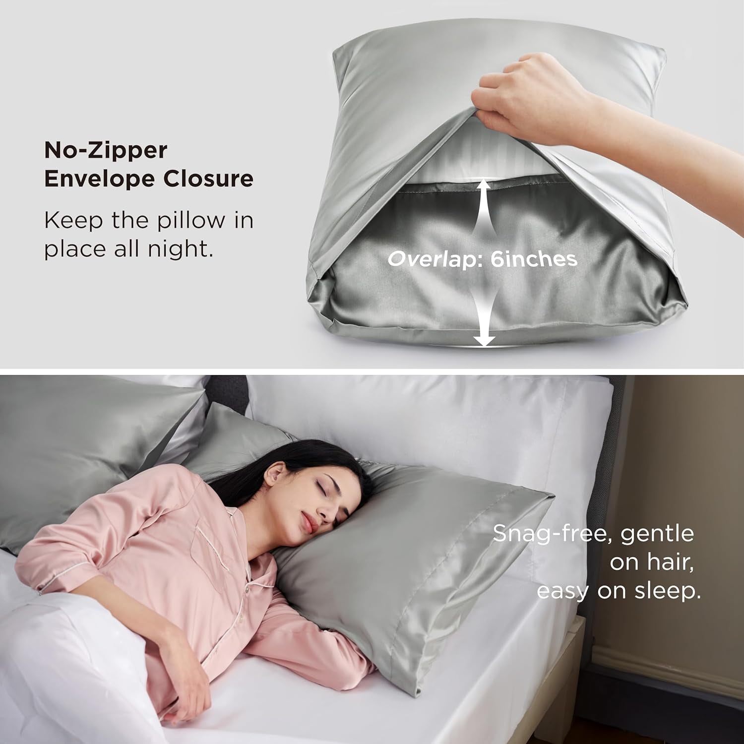 Bedsure Satin Pillowcase Set of 2, Queen Size Cooling Pillow Covers with Envelope Closure, Silver Grey, 20x30 Inches - Elegant Home Decor Gifts for Men and Women