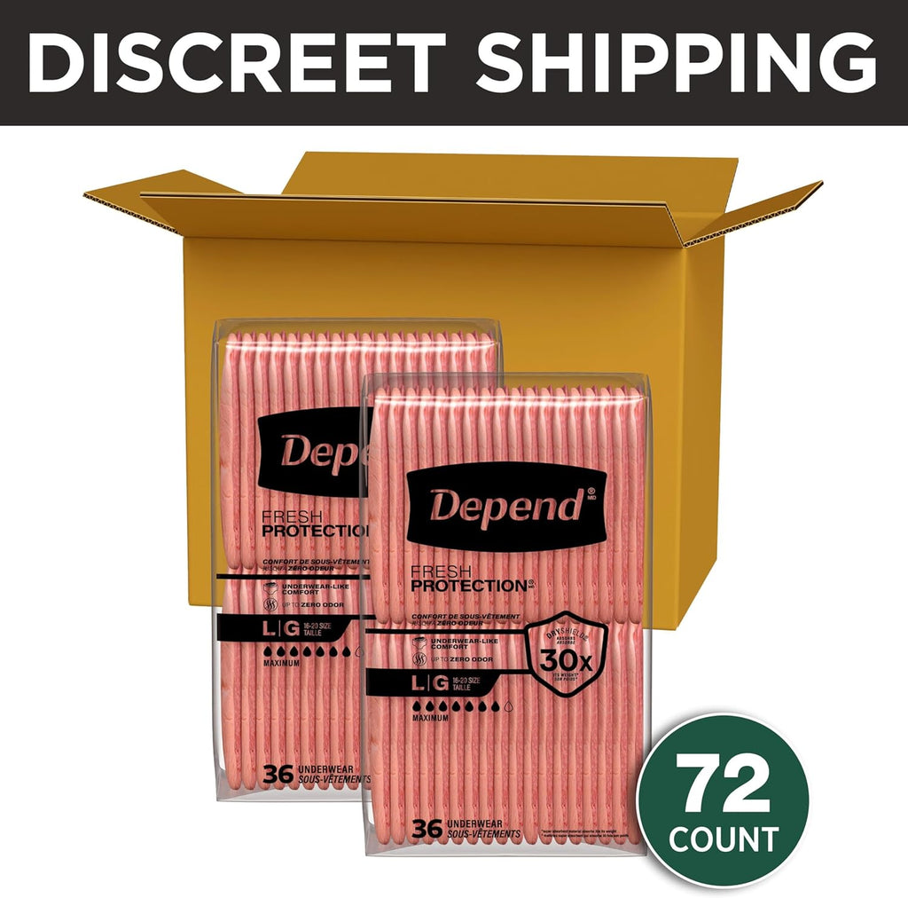 Depend Fresh Protection Adult Diapers, Incontinence Underwear for Women, Disposable, Maximum, Large, Blush, 72 Count (2 Packs of 36), Packaging May Vary