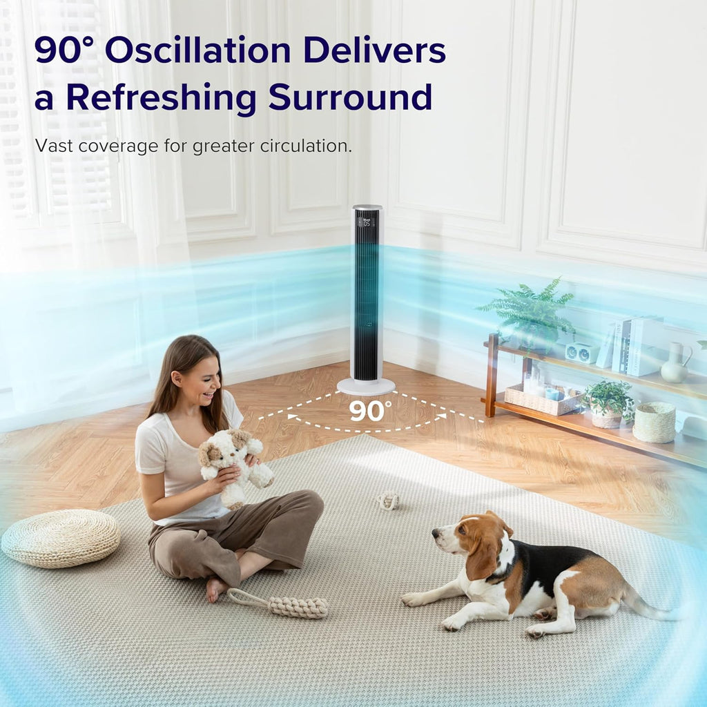 Tower Fan for Bedroom, 90° Oscillating Standing Fan with 28Db Quiet for Sleep, 25Ft/S Velocity, 12H Timer, 5 Speeds 4 Modes, Remoter, Bladeless Room Fan for Home, Office, Indoor, 36 Inch, White