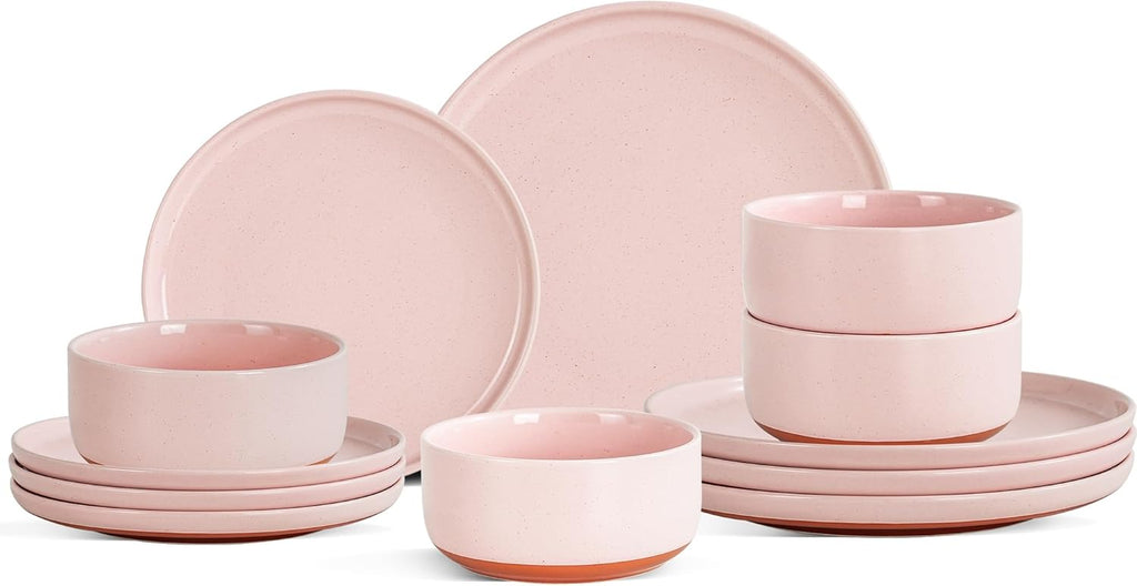 Plates and Bowls Sets, 12 Piece Ceramic Dinnerware Set for Family and Gatherings,Dishes Set for 4,Dishwasher & Microwave Safe, Handcrafted Dishware Sets，Elegant Pink