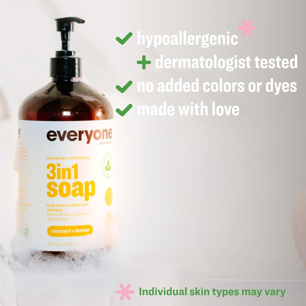 Everyone 3-In-1 Soap, Body Wash, Bubble Bath, Shampoo, 32 Ounce (Pack of 2), Coconut and Lemon, Made with Essential Oils for Men and Women