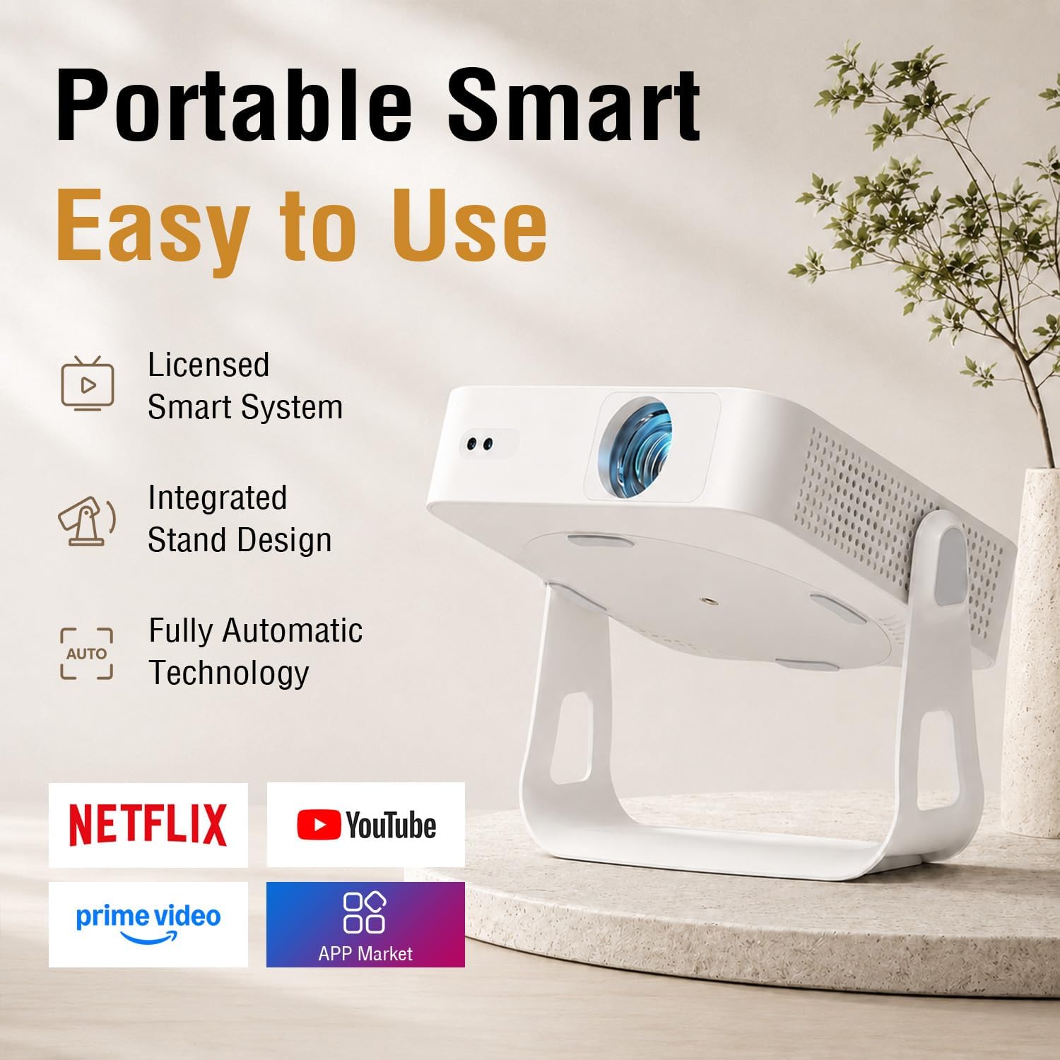 [Officially-Licensed App & Auto Focus]White Smart Mini Projector with Wifi and Bluetooth,  4K Support Movie Projector, Portable Native 1080P Outdoor Projector with 360° Stand