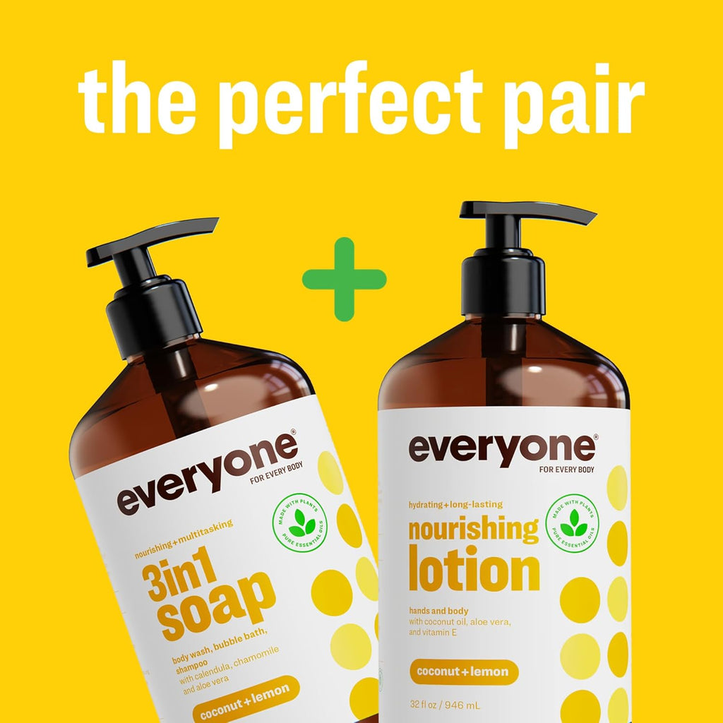 Everyone 3-In-1 Soap, Body Wash, Bubble Bath, Shampoo, 32 Ounce (Pack of 2), Coconut and Lemon, Made with Essential Oils for Men and Women