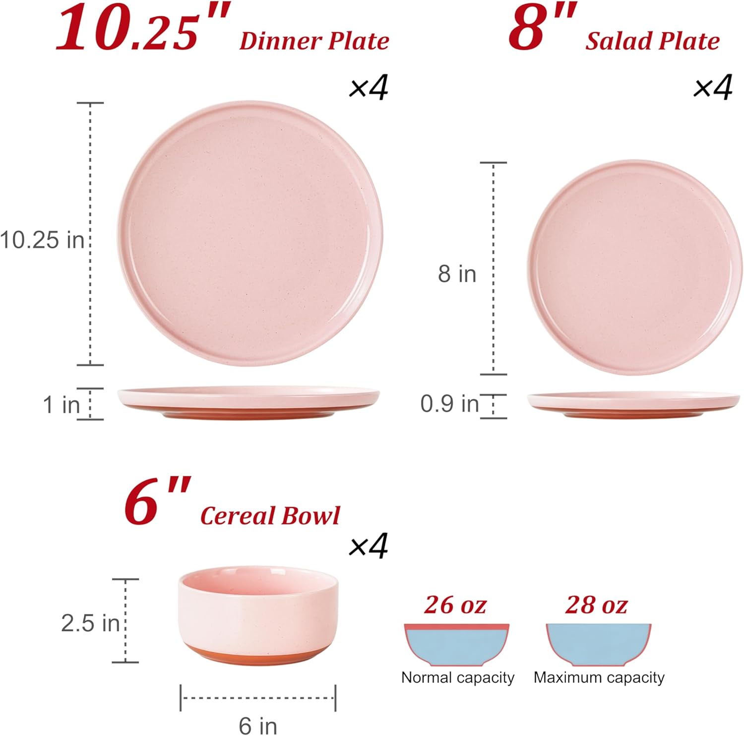 Plates and Bowls Sets, 12 Piece Ceramic Dinnerware Set for Family and Gatherings,Dishes Set for 4,Dishwasher & Microwave Safe, Handcrafted Dishware Sets，Elegant Pink