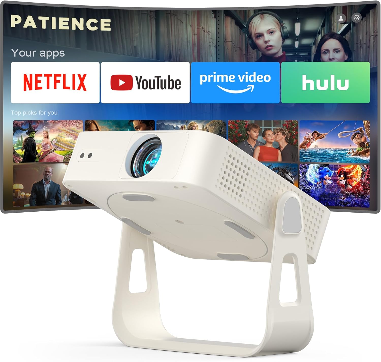 [Officially-Licensed App & Auto Focus]White Smart Mini Projector with Wifi and Bluetooth,  4K Support Movie Projector, Portable Native 1080P Outdoor Projector with 360° Stand