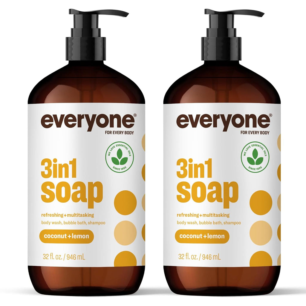 Everyone 3-In-1 Soap, Body Wash, Bubble Bath, Shampoo, 32 Ounce (Pack of 2), Coconut and Lemon, Made with Essential Oils for Men and Women