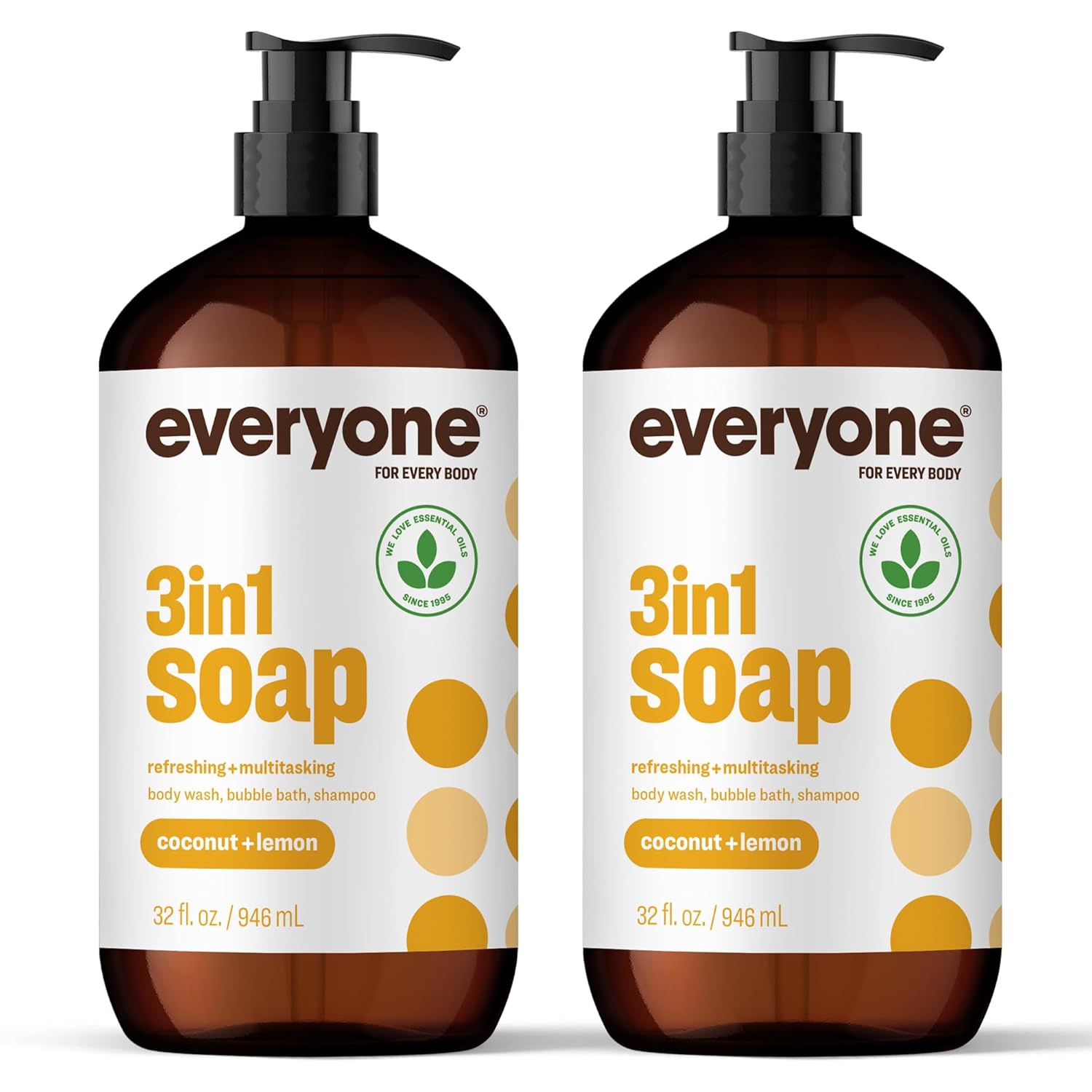 Everyone 3-In-1 Soap, Body Wash, Bubble Bath, Shampoo, 32 Ounce (Pack of 2), Coconut and Lemon, Made with Essential Oils for Men and Women