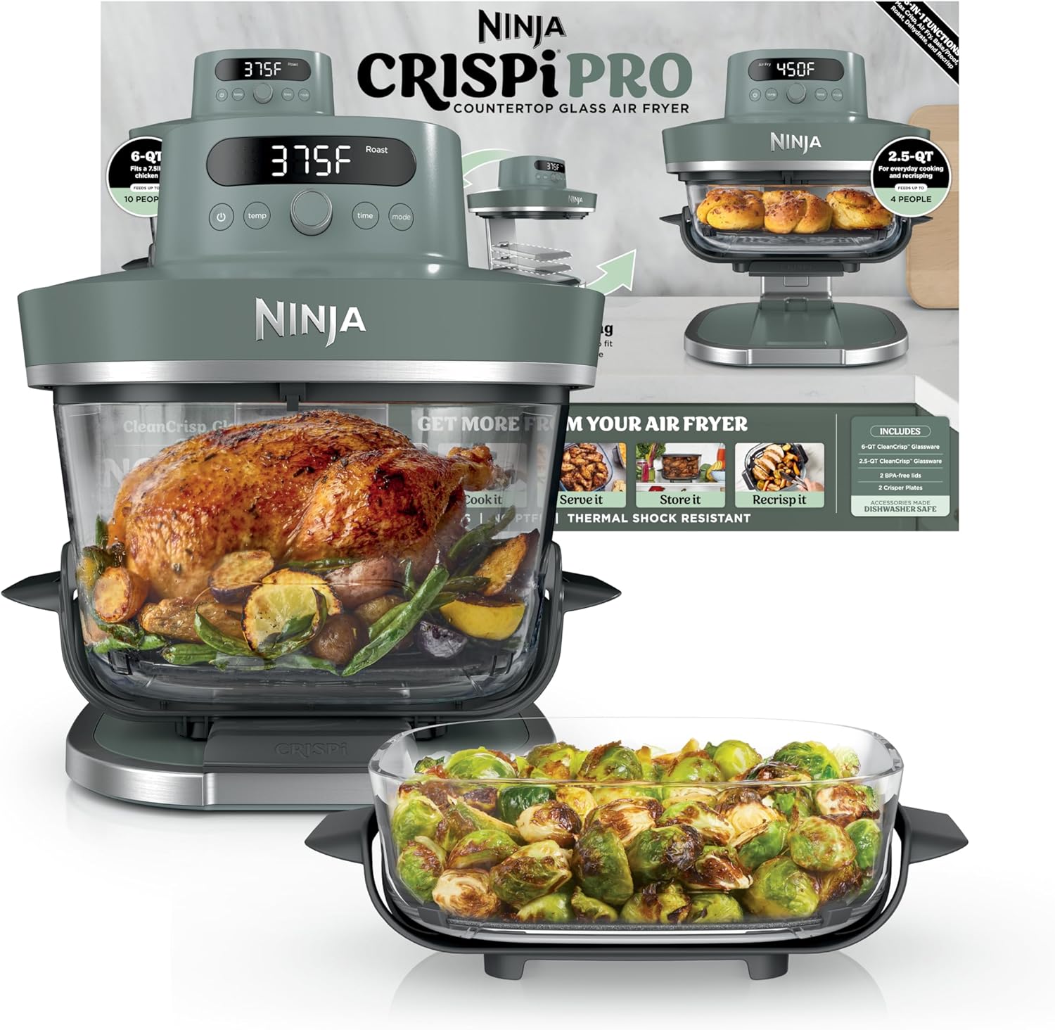 Ninja Crispi Pro 6-In-1 Glass Air Fryer | with Nontoxic, 6Qt & 2.5Qt Containers & Lids | Microwave, Freezer, Dishwasher Safe | 450°F Max Temp | 1800 Watt | Ash Grey | AS101DG