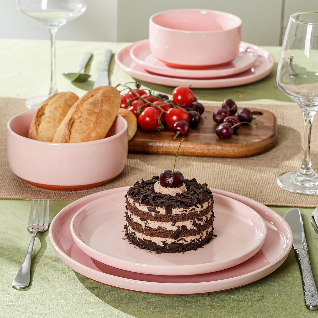 Plates and Bowls Sets, 12 Piece Ceramic Dinnerware Set for Family and Gatherings,Dishes Set for 4,Dishwasher & Microwave Safe, Handcrafted Dishware Sets，Elegant Pink