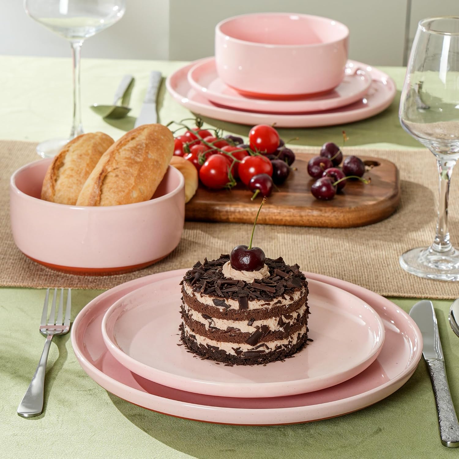 Plates and Bowls Sets, 12 Piece Ceramic Dinnerware Set for Family and Gatherings,Dishes Set for 4,Dishwasher & Microwave Safe, Handcrafted Dishware Sets，Elegant Pink