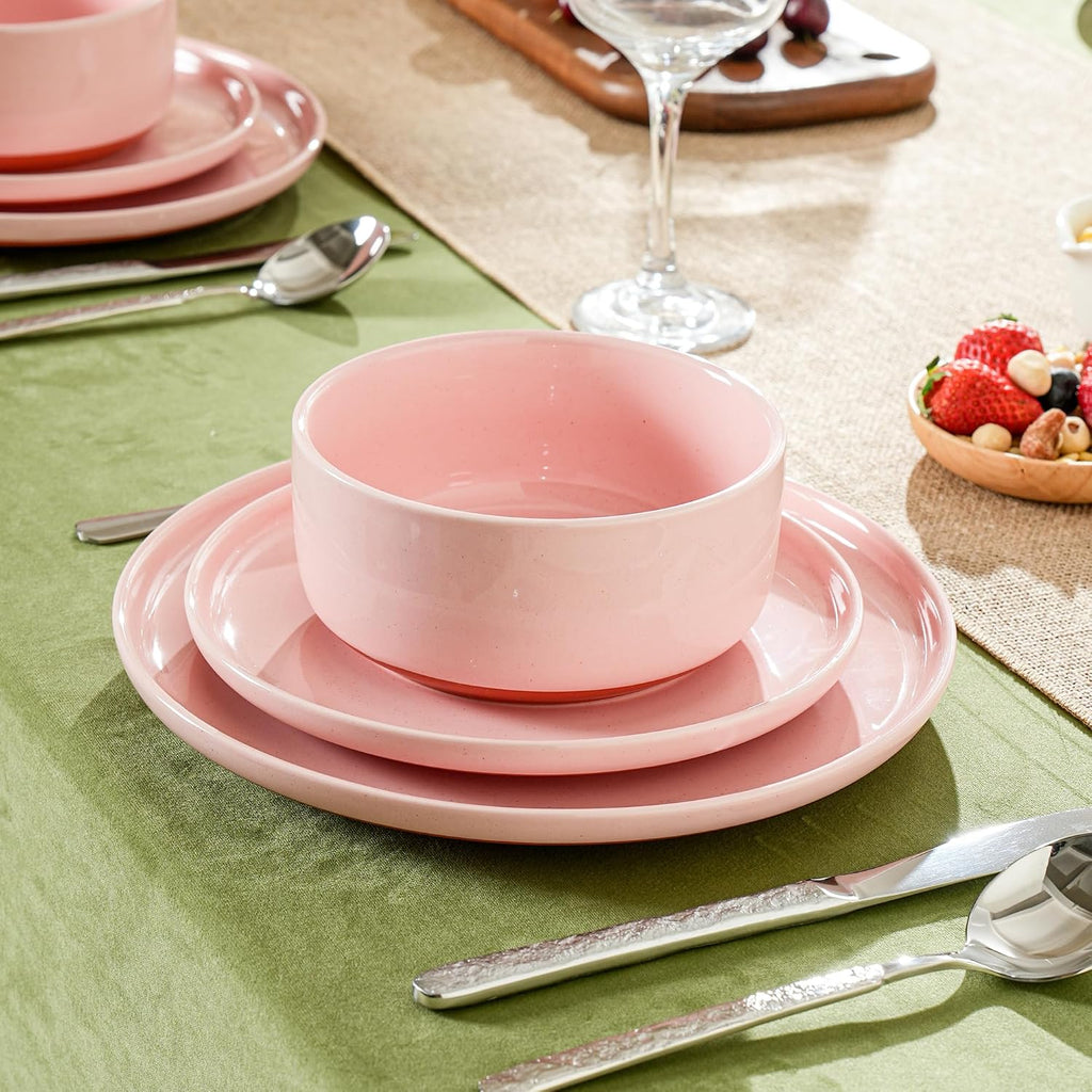 Plates and Bowls Sets, 12 Piece Ceramic Dinnerware Set for Family and Gatherings,Dishes Set for 4,Dishwasher & Microwave Safe, Handcrafted Dishware Sets，Elegant Pink