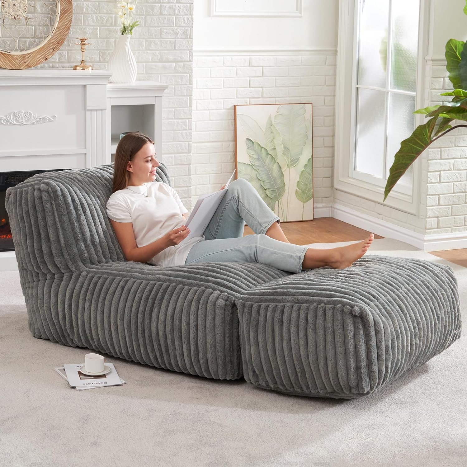 Bean Bag Chairs for Adults Giant Bean Bag Chair Memory Foam Beanbag Chair Bean Bag Sofa with Filler Faux Fur Fireside Beanbags Lazy Sofa for Living Room Bedroom Office (Grey, Large)