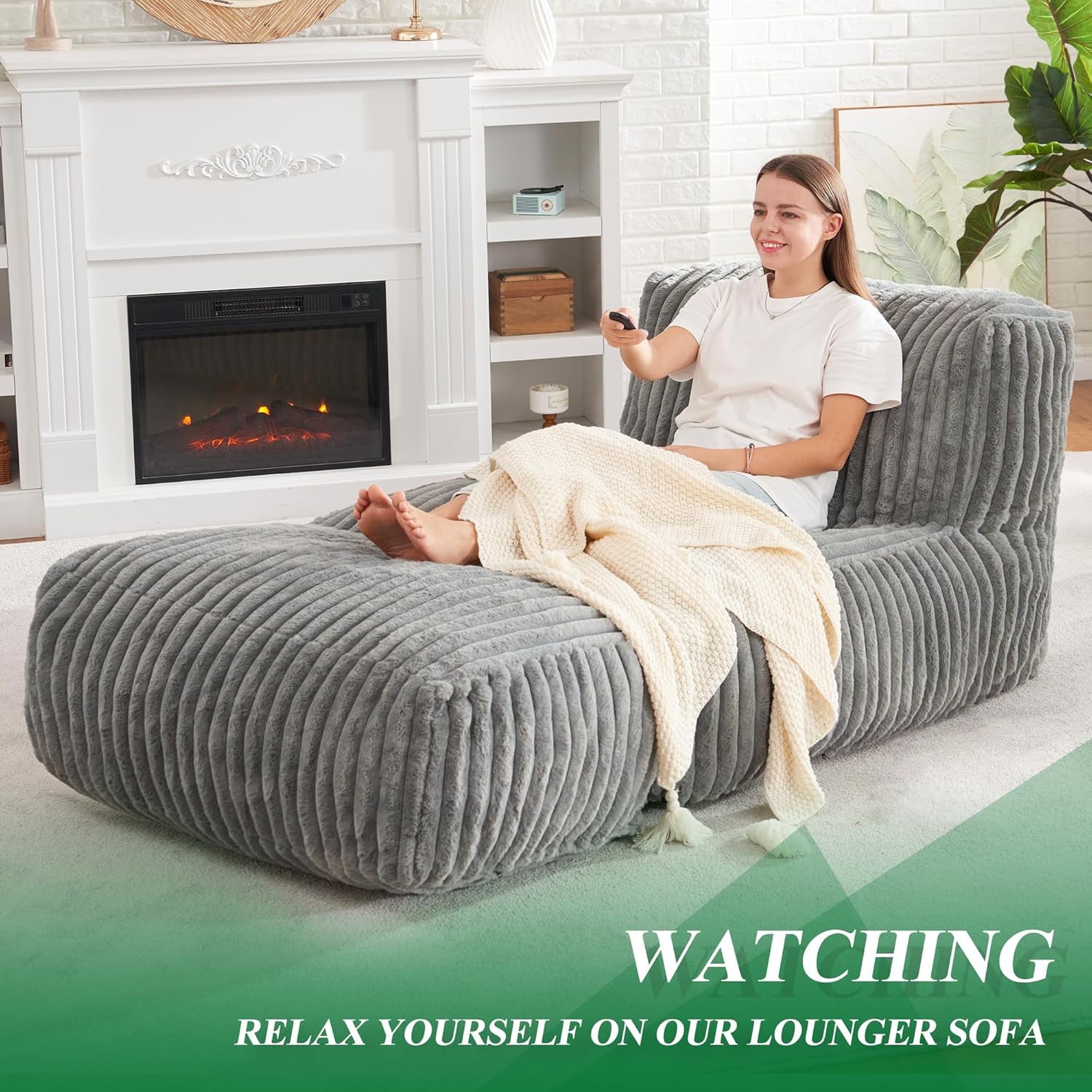 Bean Bag Chairs for Adults Giant Bean Bag Chair Memory Foam Beanbag Chair Bean Bag Sofa with Filler Faux Fur Fireside Beanbags Lazy Sofa for Living Room Bedroom Office (Grey, Large)