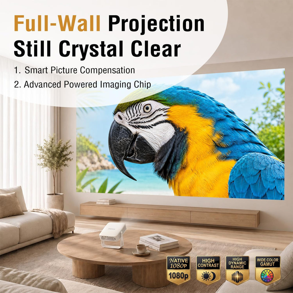 [Officially-Licensed App & Auto Focus]White Smart Mini Projector with Wifi and Bluetooth,  4K Support Movie Projector, Portable Native 1080P Outdoor Projector with 360° Stand