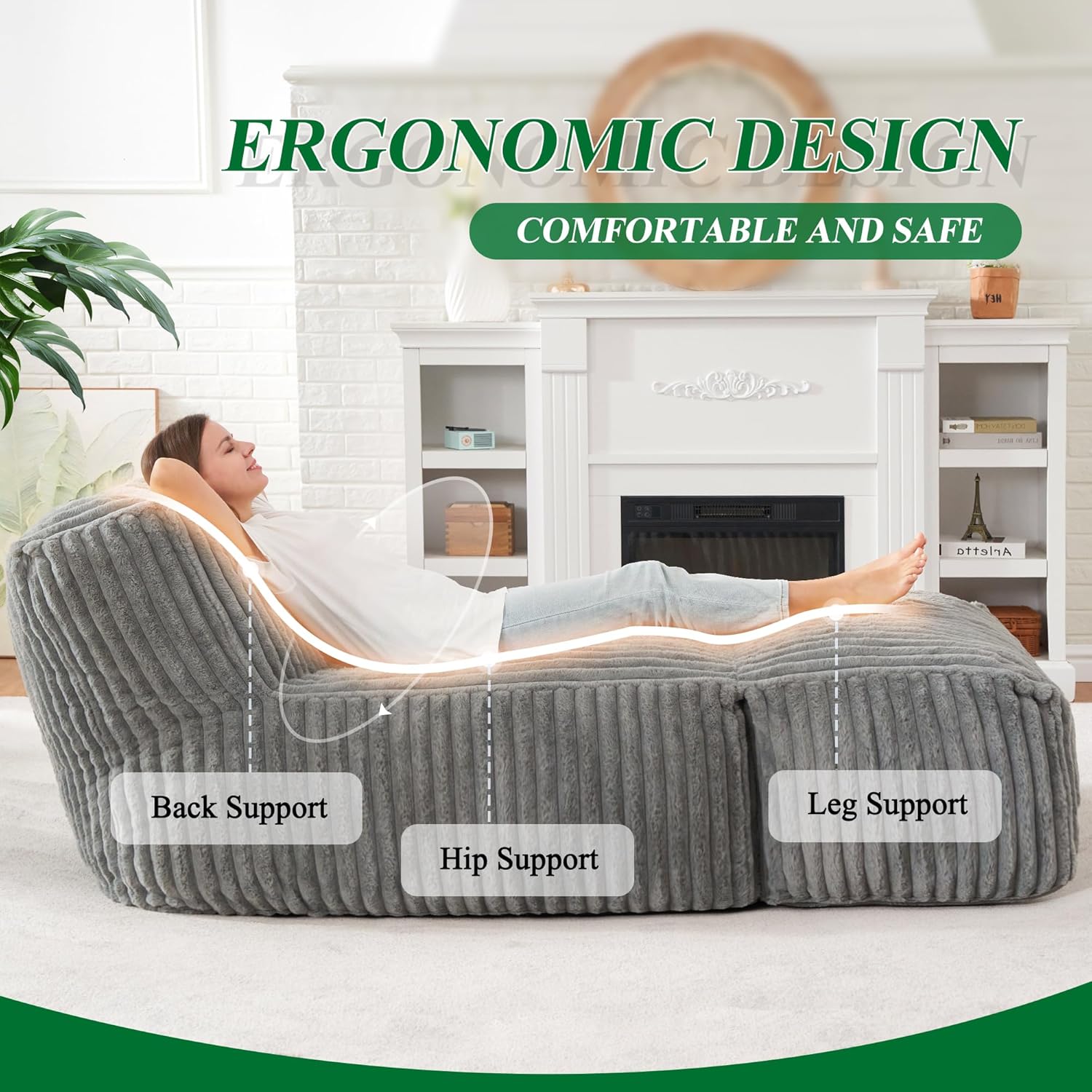 Bean Bag Chairs for Adults Giant Bean Bag Chair Memory Foam Beanbag Chair Bean Bag Sofa with Filler Faux Fur Fireside Beanbags Lazy Sofa for Living Room Bedroom Office (Grey, Large)