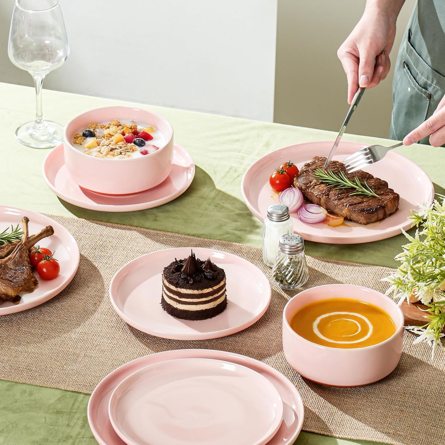 Plates and Bowls Sets, 12 Piece Ceramic Dinnerware Set for Family and Gatherings,Dishes Set for 4,Dishwasher & Microwave Safe, Handcrafted Dishware Sets，Elegant Pink