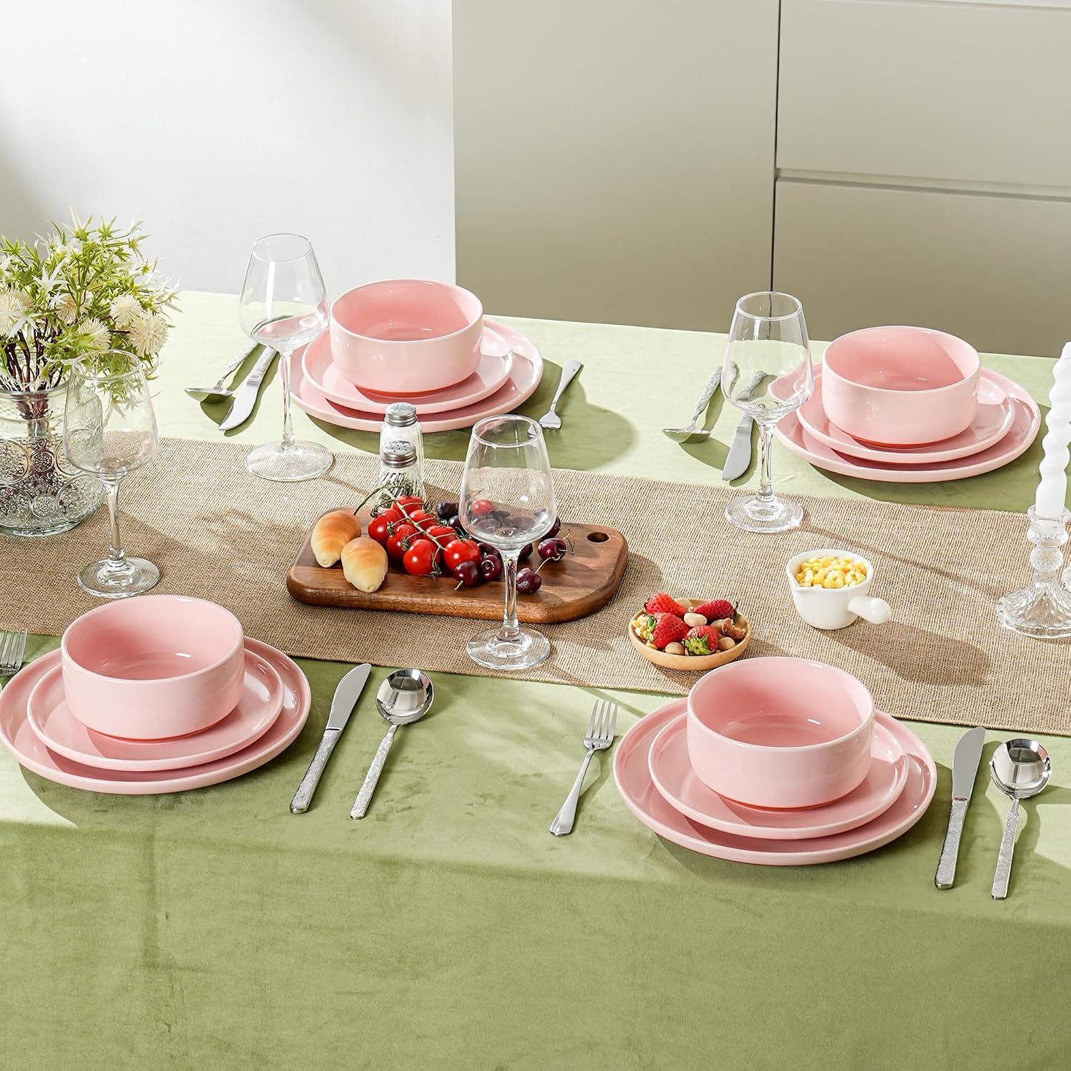 Plates and Bowls Sets, 12 Piece Ceramic Dinnerware Set for Family and Gatherings,Dishes Set for 4,Dishwasher & Microwave Safe, Handcrafted Dishware Sets，Elegant Pink
