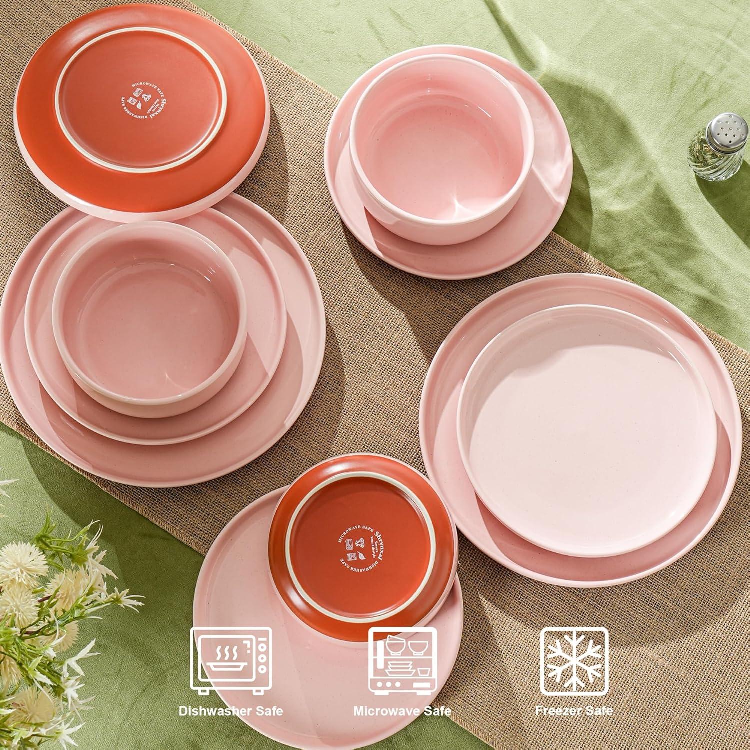 Plates and Bowls Sets, 12 Piece Ceramic Dinnerware Set for Family and Gatherings,Dishes Set for 4,Dishwasher & Microwave Safe, Handcrafted Dishware Sets，Elegant Pink