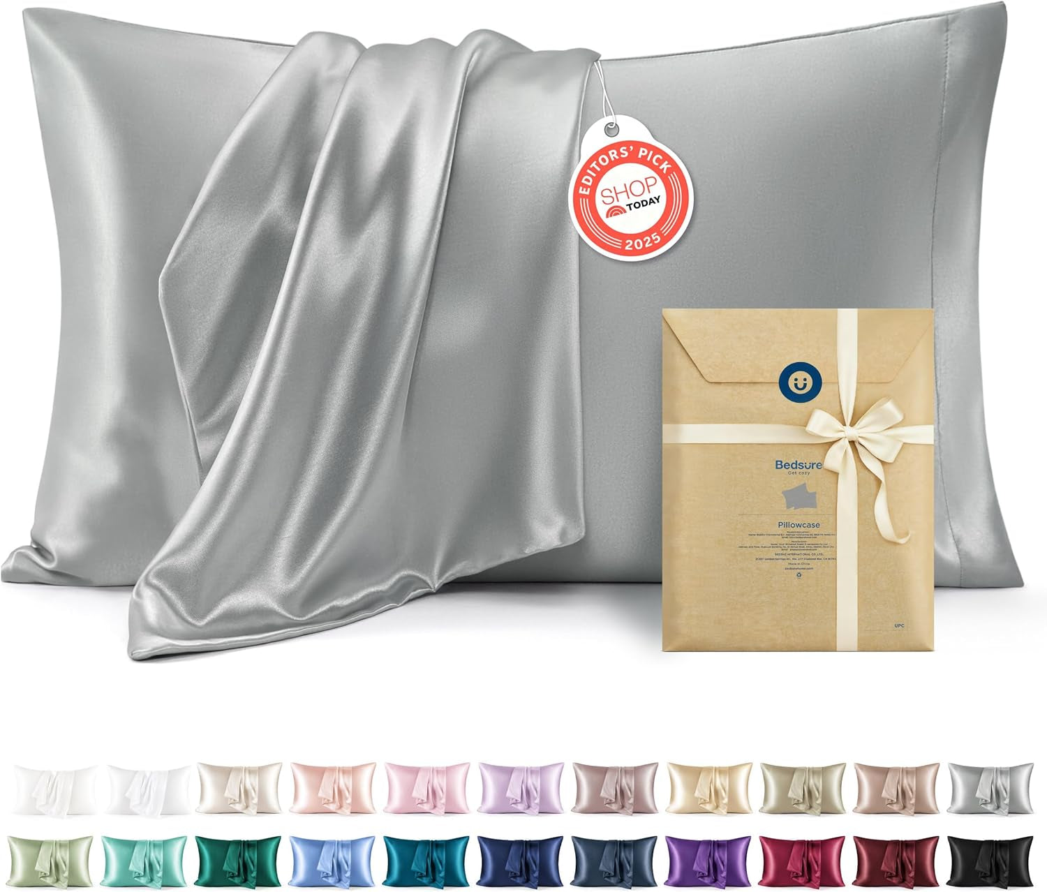 Bedsure Satin Pillowcase Set of 2, Queen Size Cooling Pillow Covers with Envelope Closure, Silver Grey, 20x30 Inches - Elegant Home Decor Gifts for Men and Women